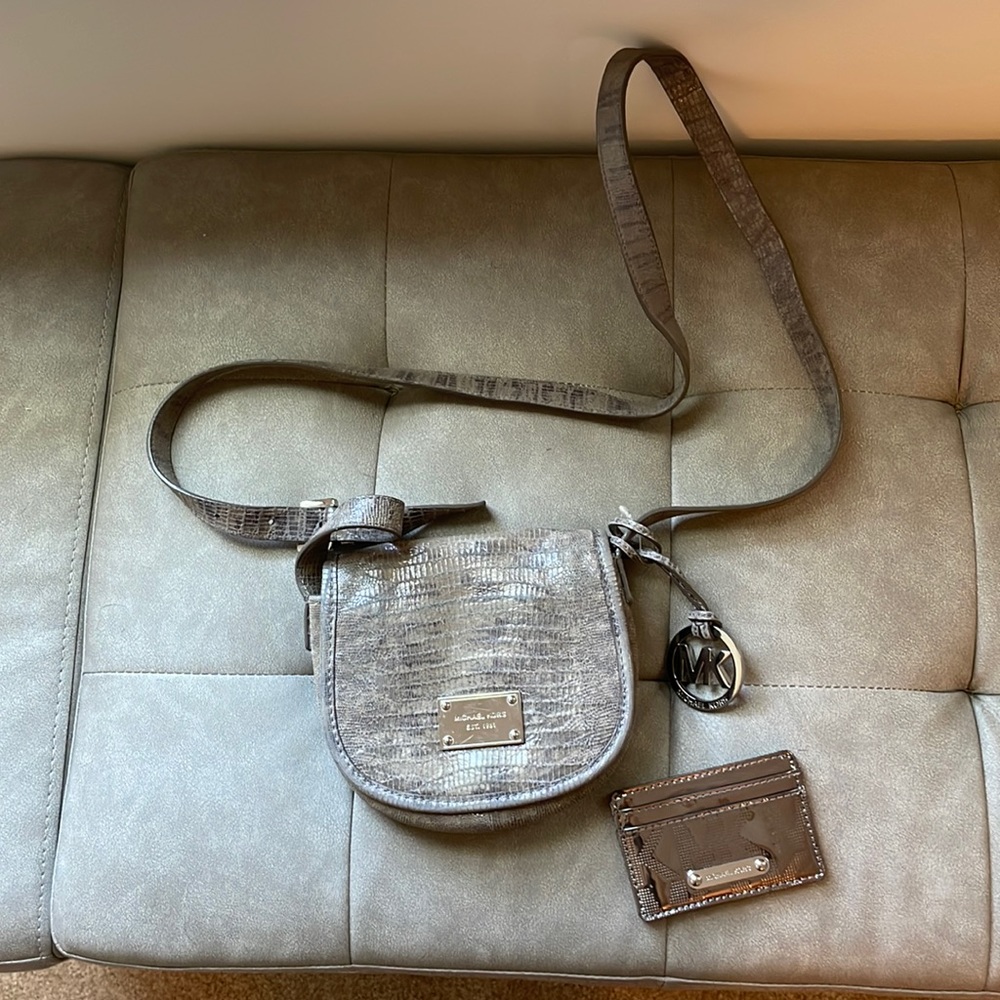 Michael Kors snake skin cross body with silver metallic card holder